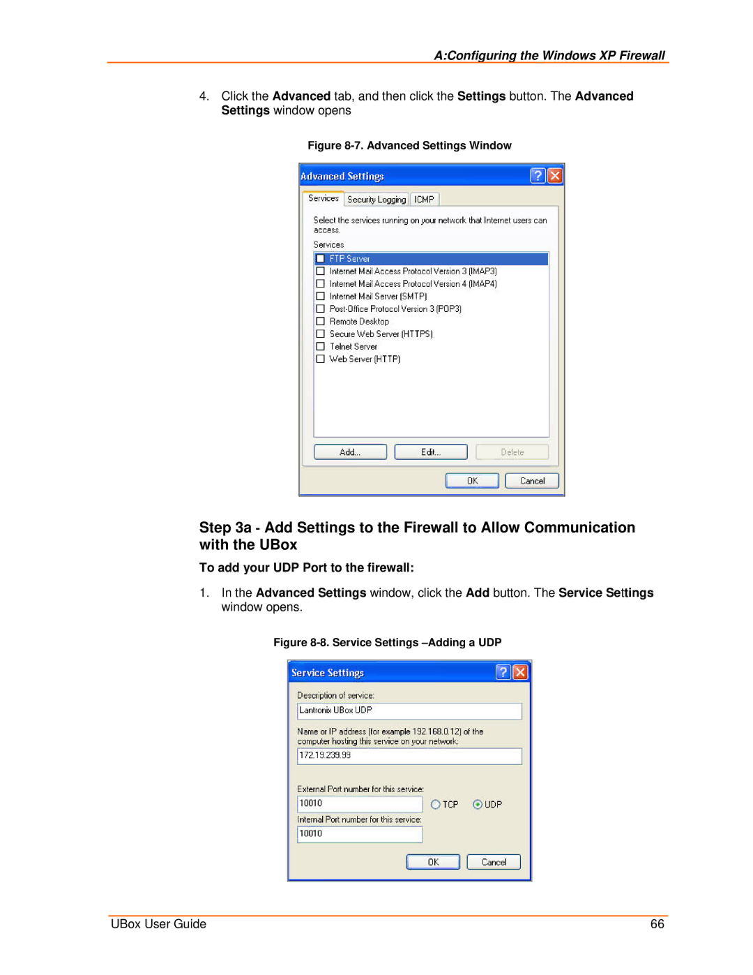 Lantronix 2100, 4100 manual To add your UDP Port to the firewall, Advanced Settings Window 