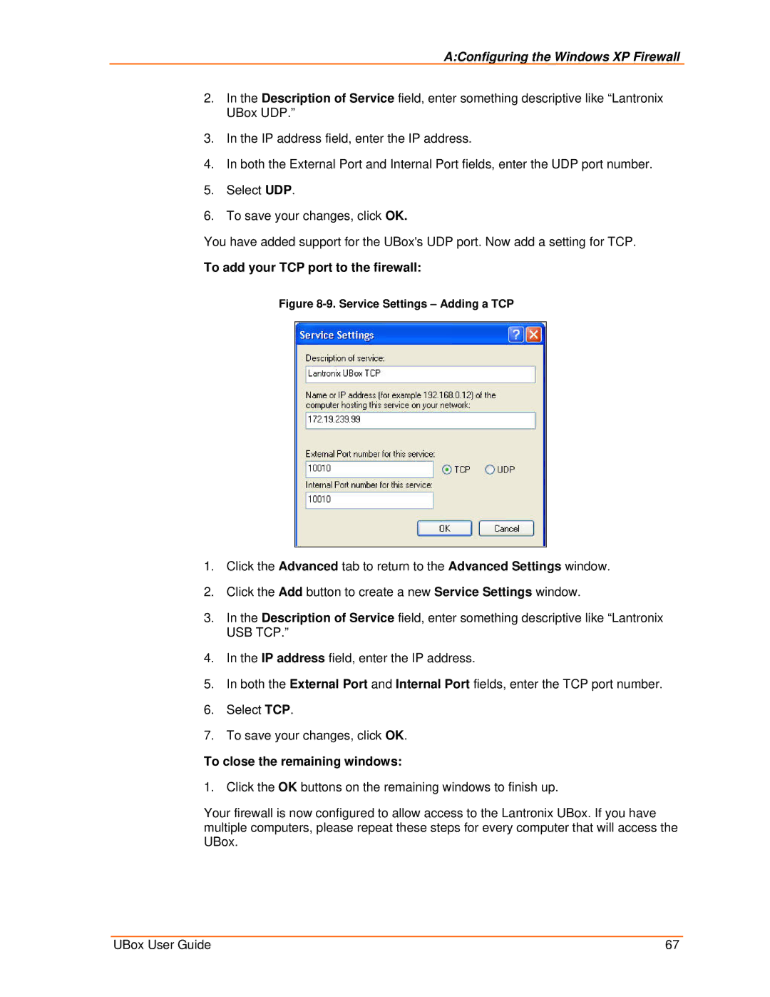 Lantronix 4100, 2100 manual To add your TCP port to the firewall, To close the remaining windows 