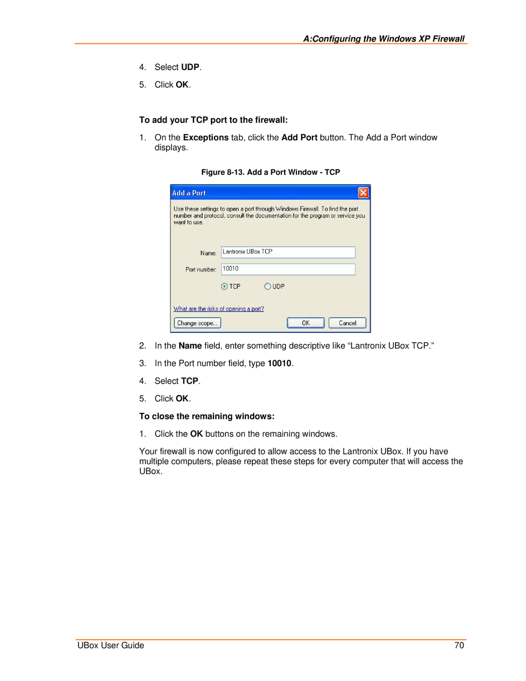 Lantronix 2100, 4100 manual Select UDP Click OK, Add a Port Window TCP 