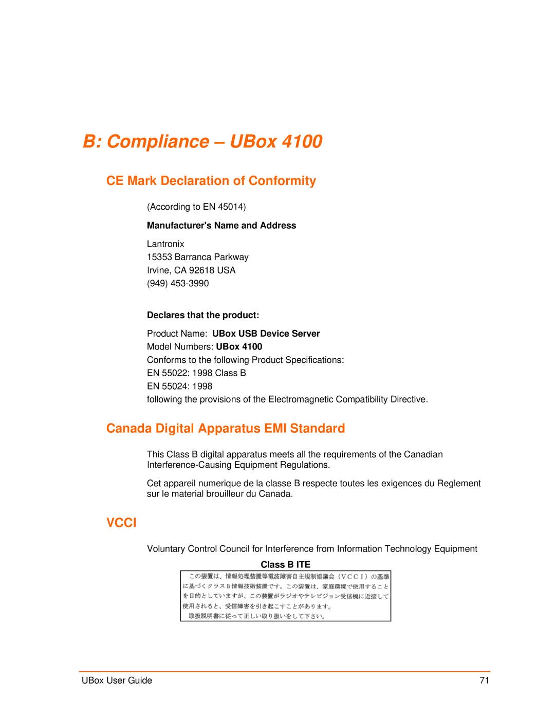 Lantronix 4100 Compliance UBox, CE Mark Declaration of Conformity, Canada Digital Apparatus EMI Standard, Class B ITE 