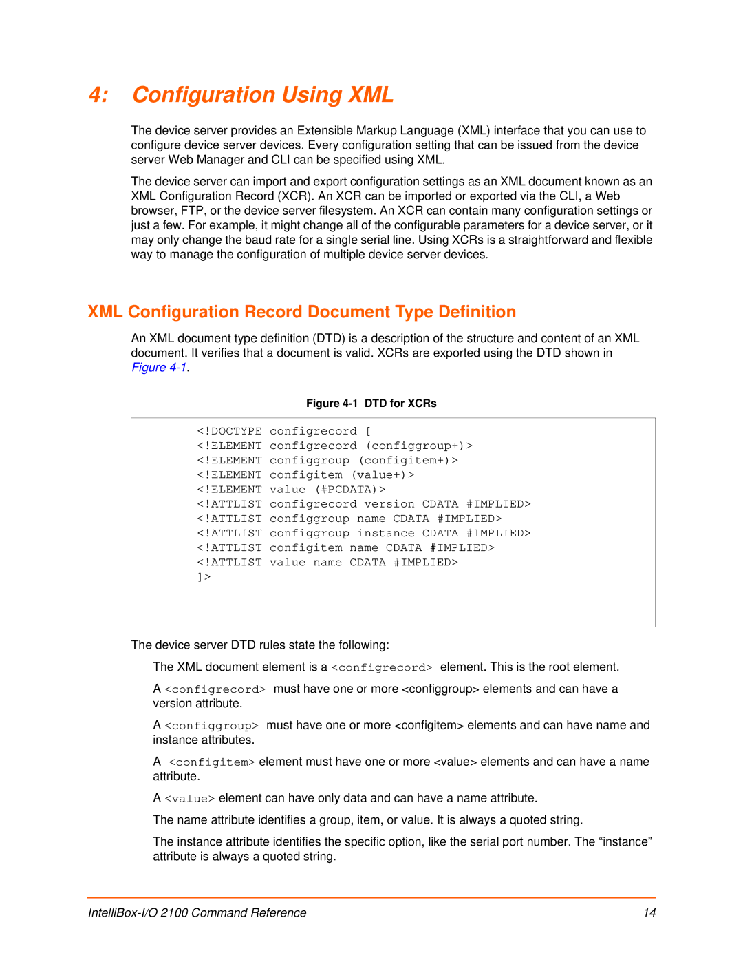 Lantronix 2100 manual Configuration Using XML, XML Configuration Record Document Type Definition 