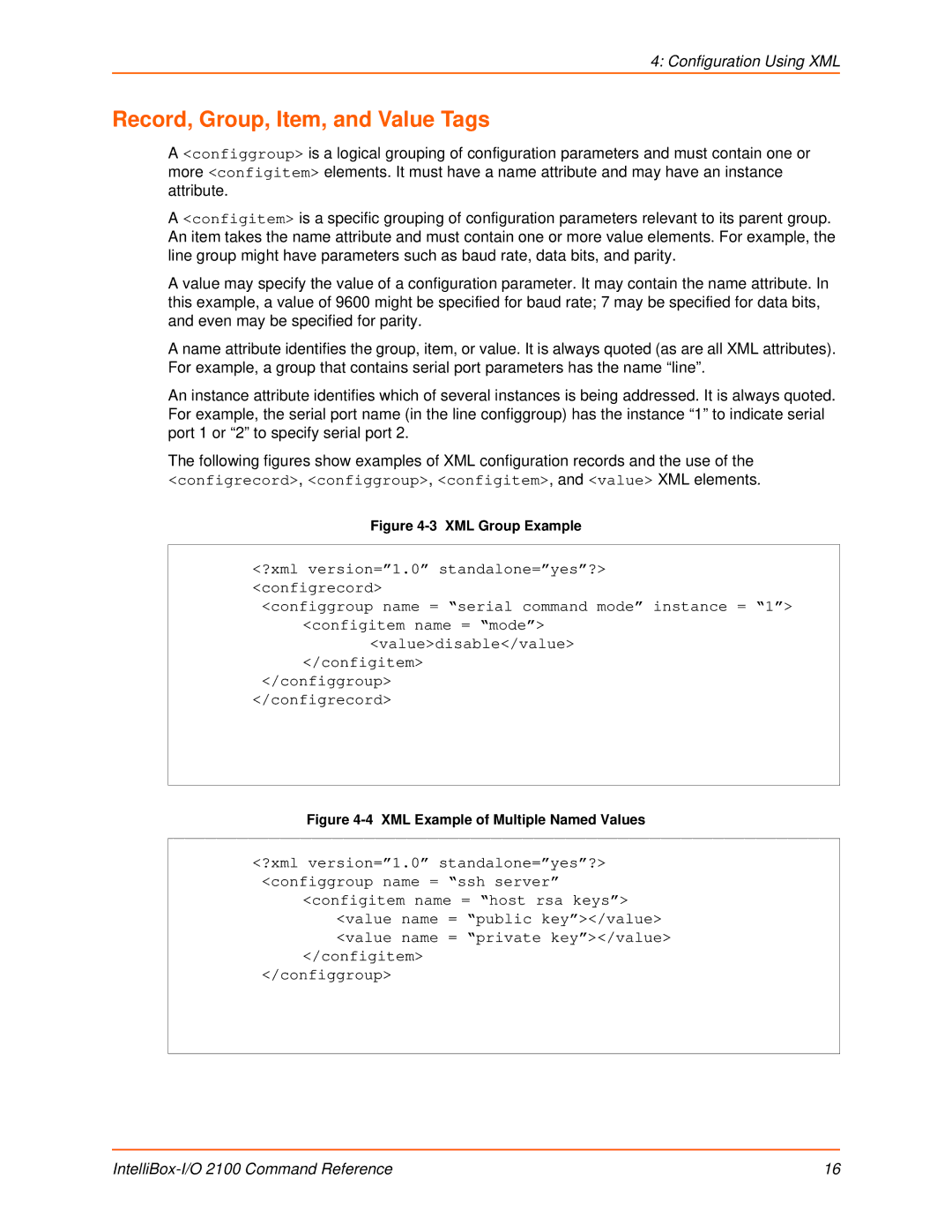 Lantronix 2100 manual Record, Group, Item, and Value Tags, XML Group Example 
