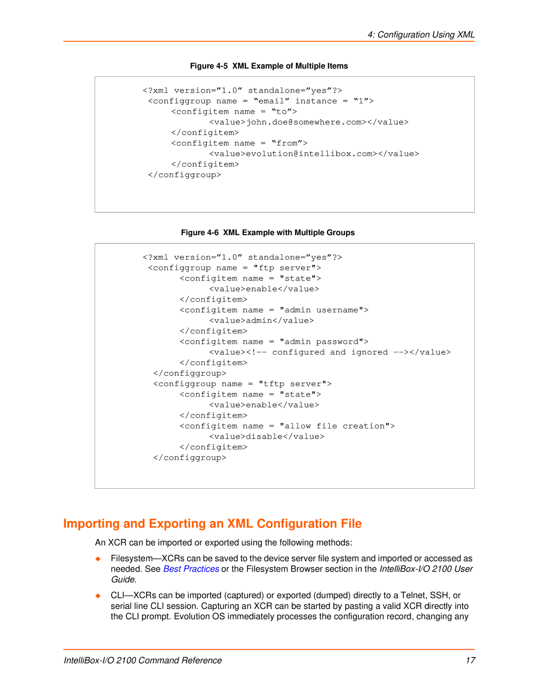 Lantronix 2100 manual Importing and Exporting an XML Configuration File, XML Example of Multiple Items 