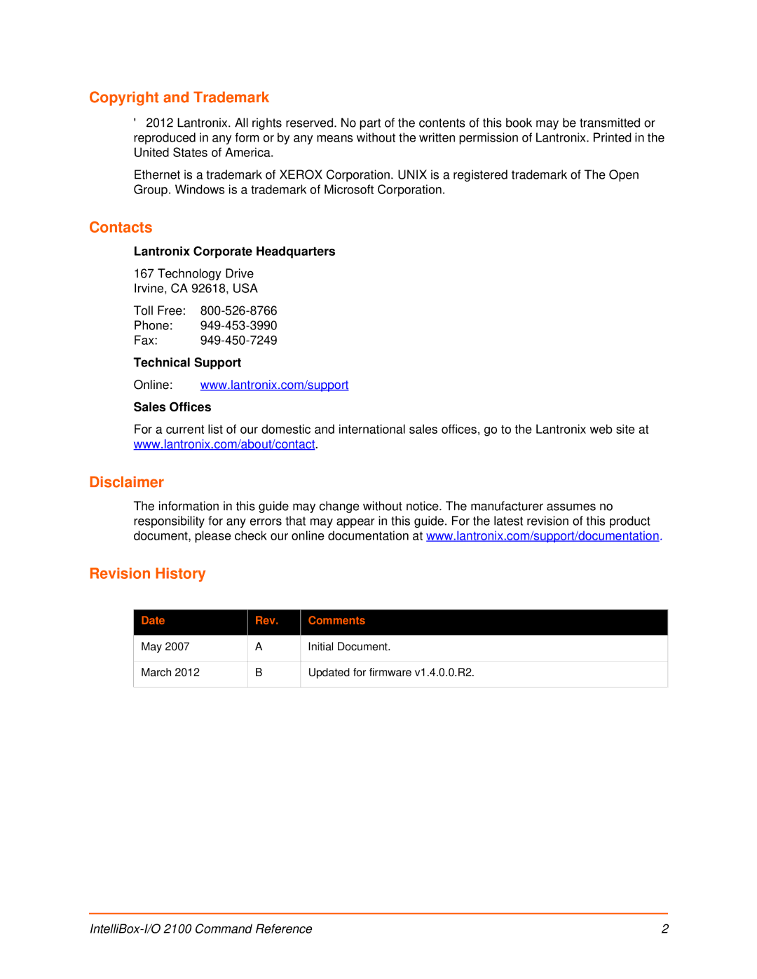 Lantronix 2100 manual Copyright and Trademark, Date Rev Comments 