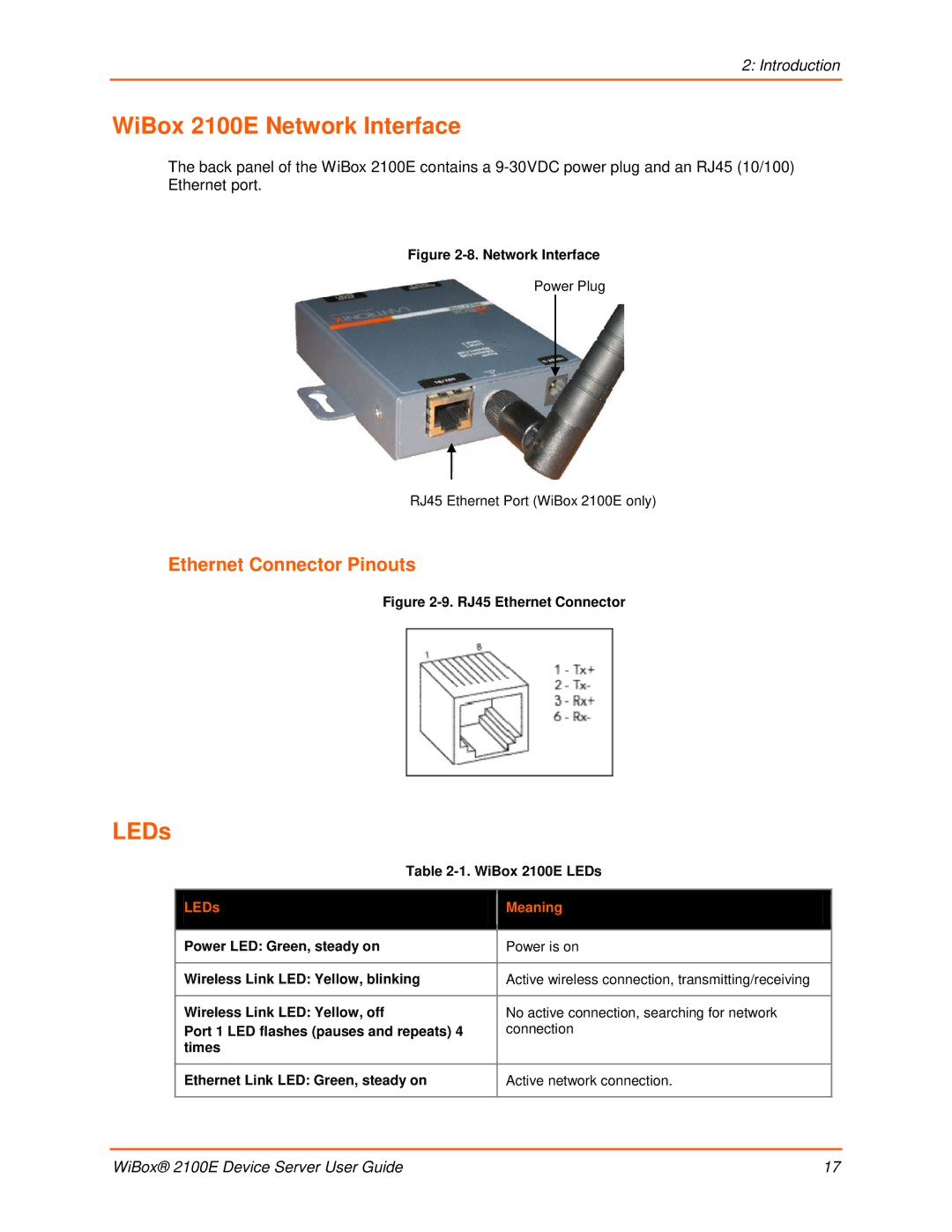 Lantronix manual WiBox 2100E Network Interface, Ethernet Connector Pinouts, WiBox 2100E LEDs, LEDs Meaning 