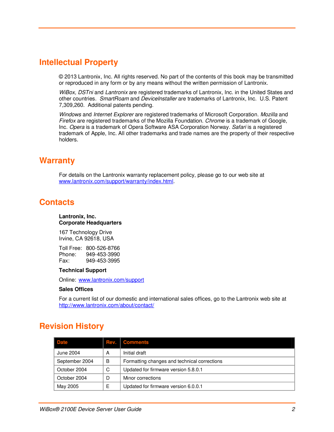 Lantronix 2100E manual Intellectual Property, Warranty Contacts, Revision History, Lantronix, Inc Corporate Headquarters 