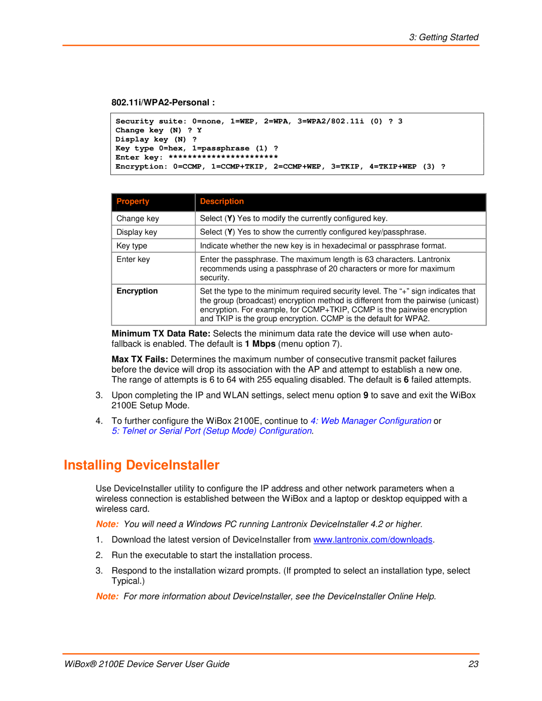 Lantronix 2100E manual Installing DeviceInstaller, 802.11i/WPA2-Personal 