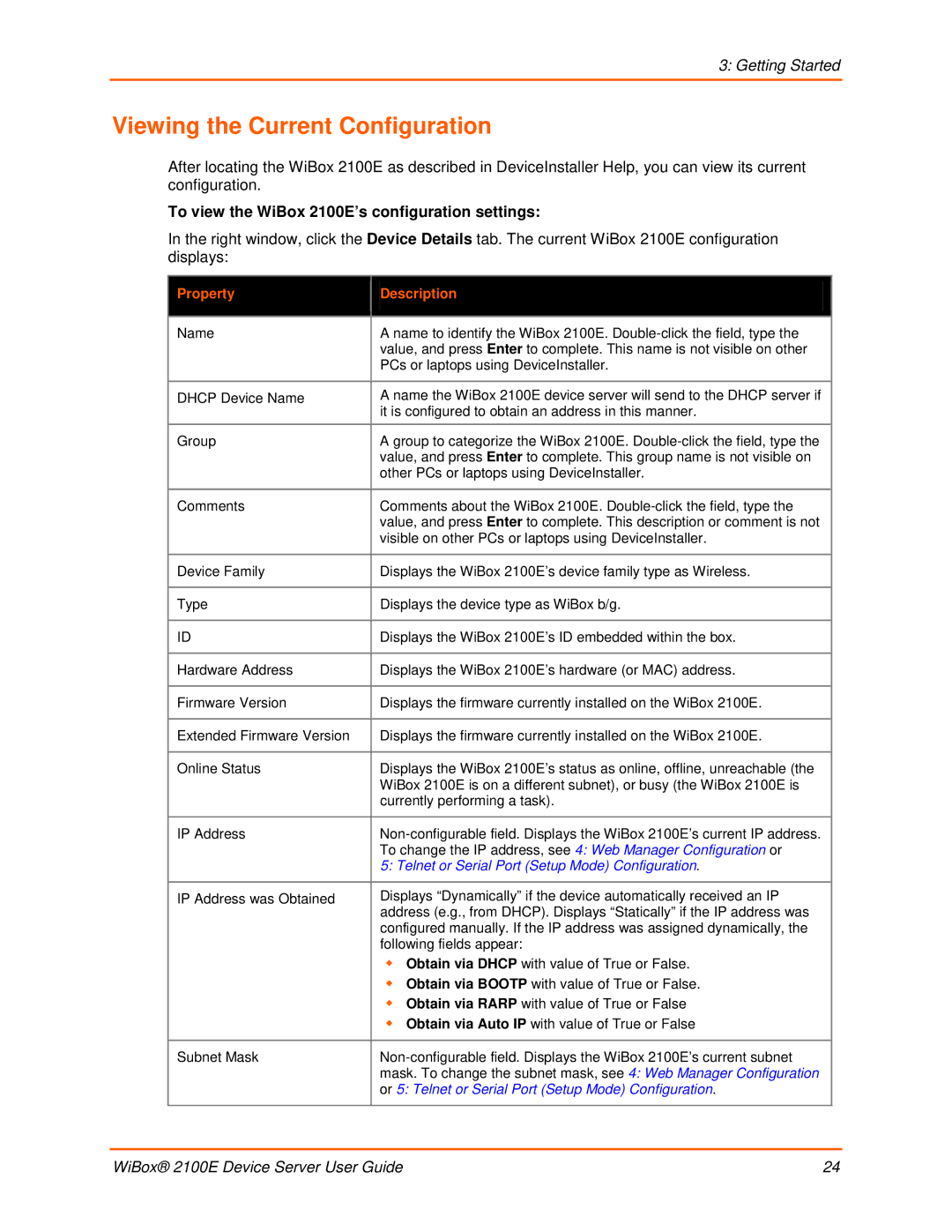 Lantronix manual Viewing the Current Configuration, To view the WiBox 2100E’s configuration settings 