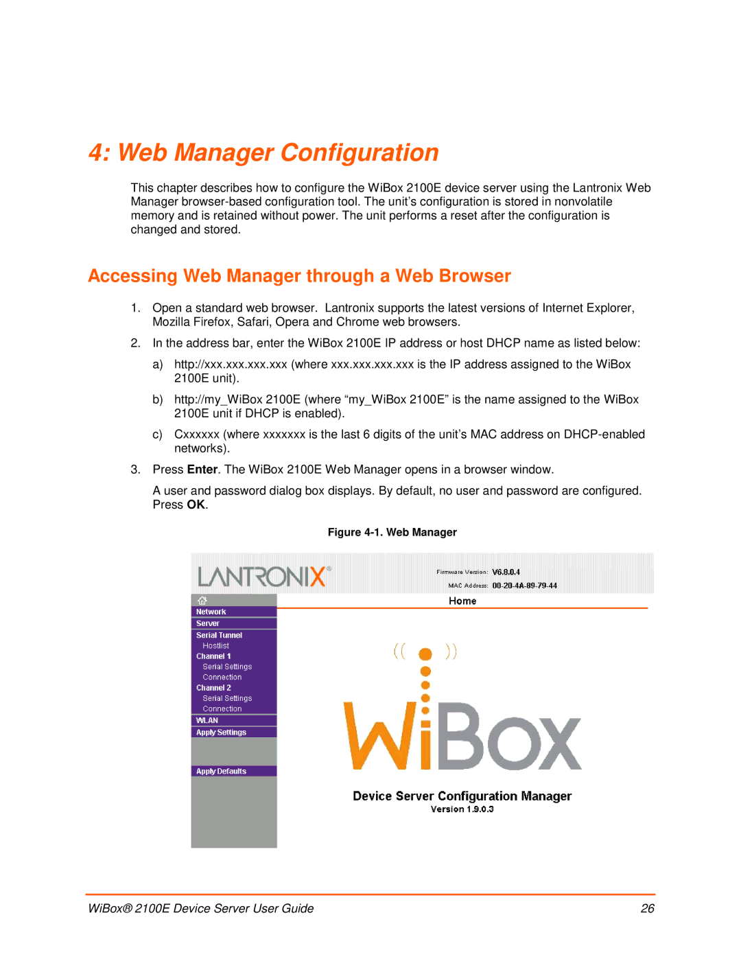 Lantronix 2100E manual Web Manager Configuration, Accessing Web Manager through a Web Browser 