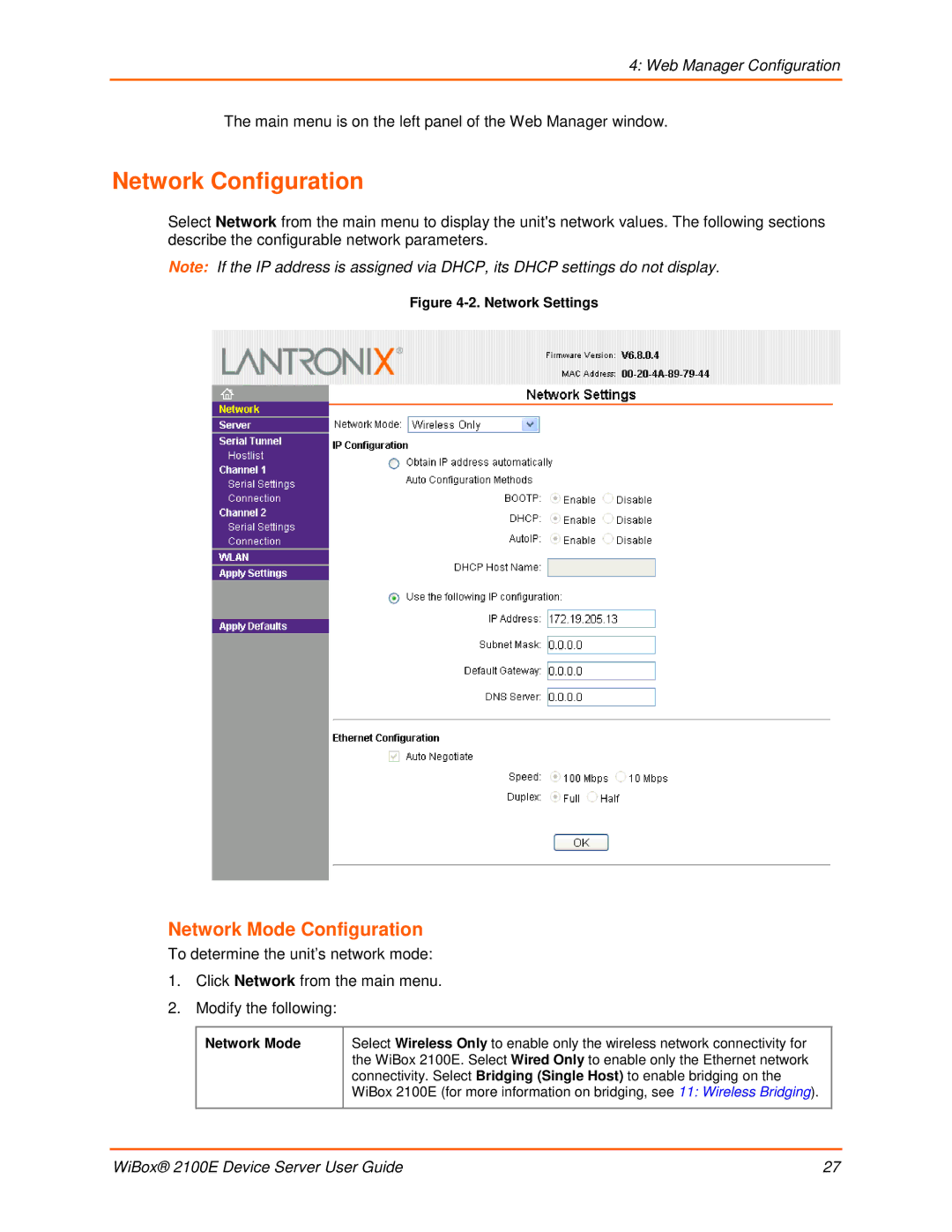 Lantronix 2100E manual Network Configuration, Network Mode Configuration, Web Manager Configuration 