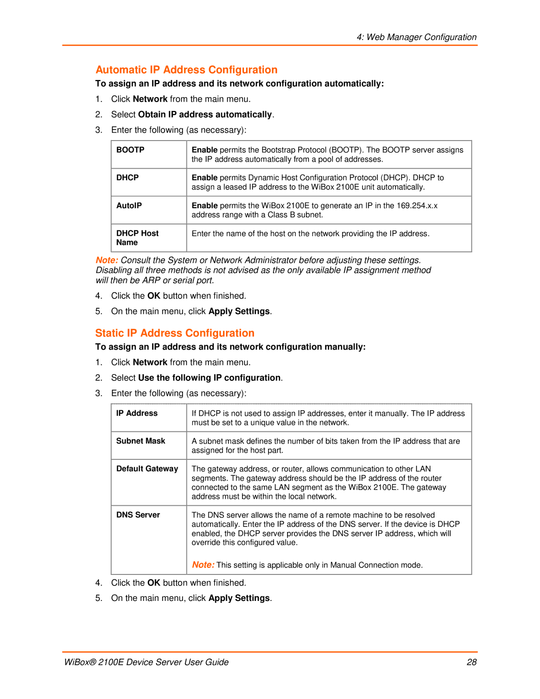 Lantronix 2100E manual Automatic IP Address Configuration, Static IP Address Configuration 