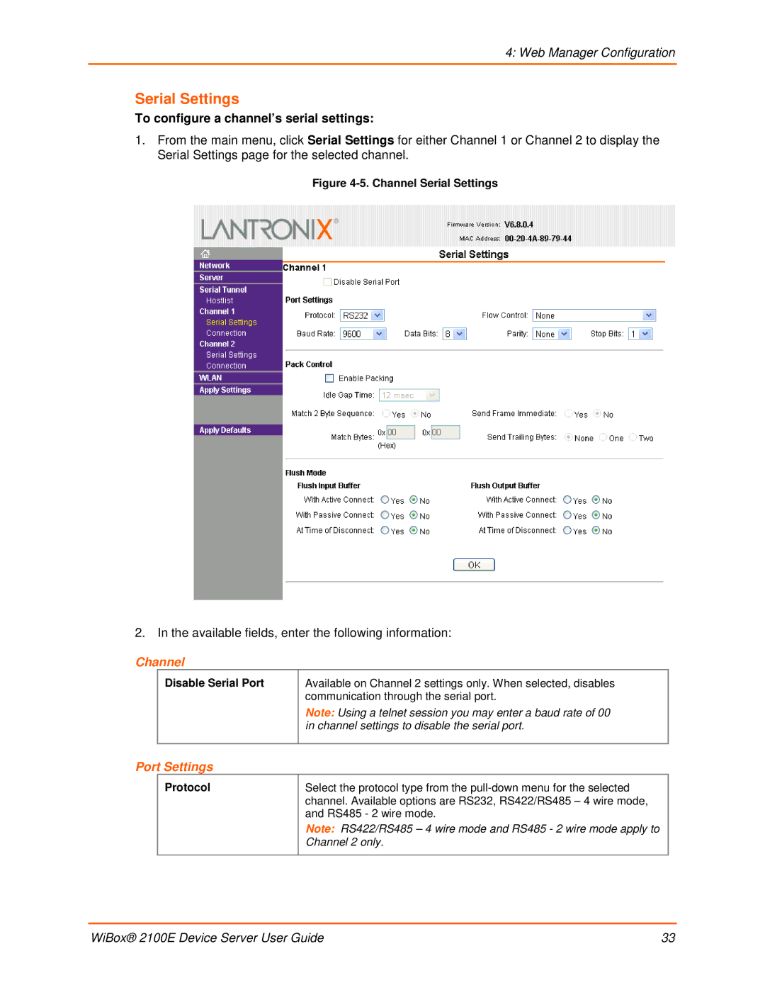 Lantronix 2100E manual Serial Settings, To configure a channel’s serial settings, Channel, Port Settings 