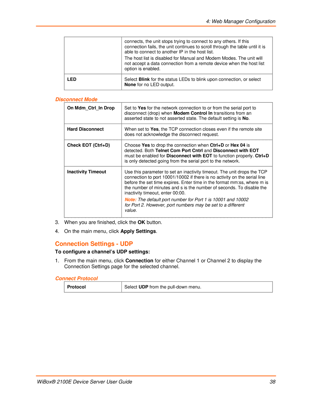 Lantronix 2100E manual Connection Settings UDP, Disconnect Mode, To configure a channel’s UDP settings 