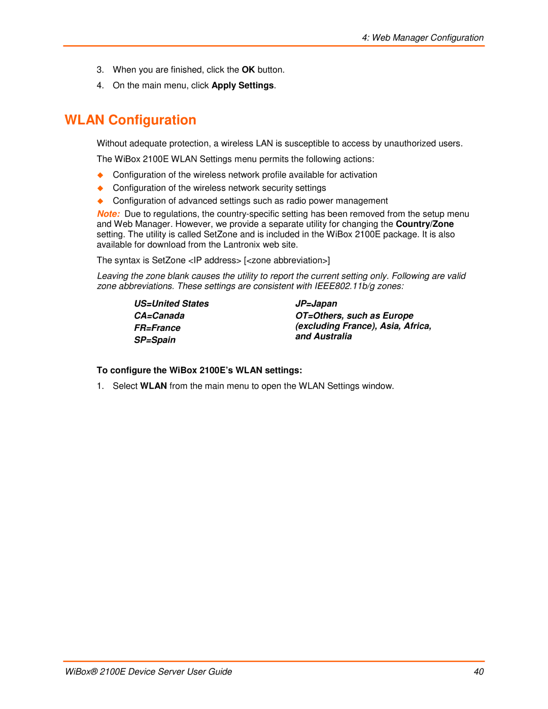 Lantronix manual Wlan Configuration, To configure the WiBox 2100E’s Wlan settings 