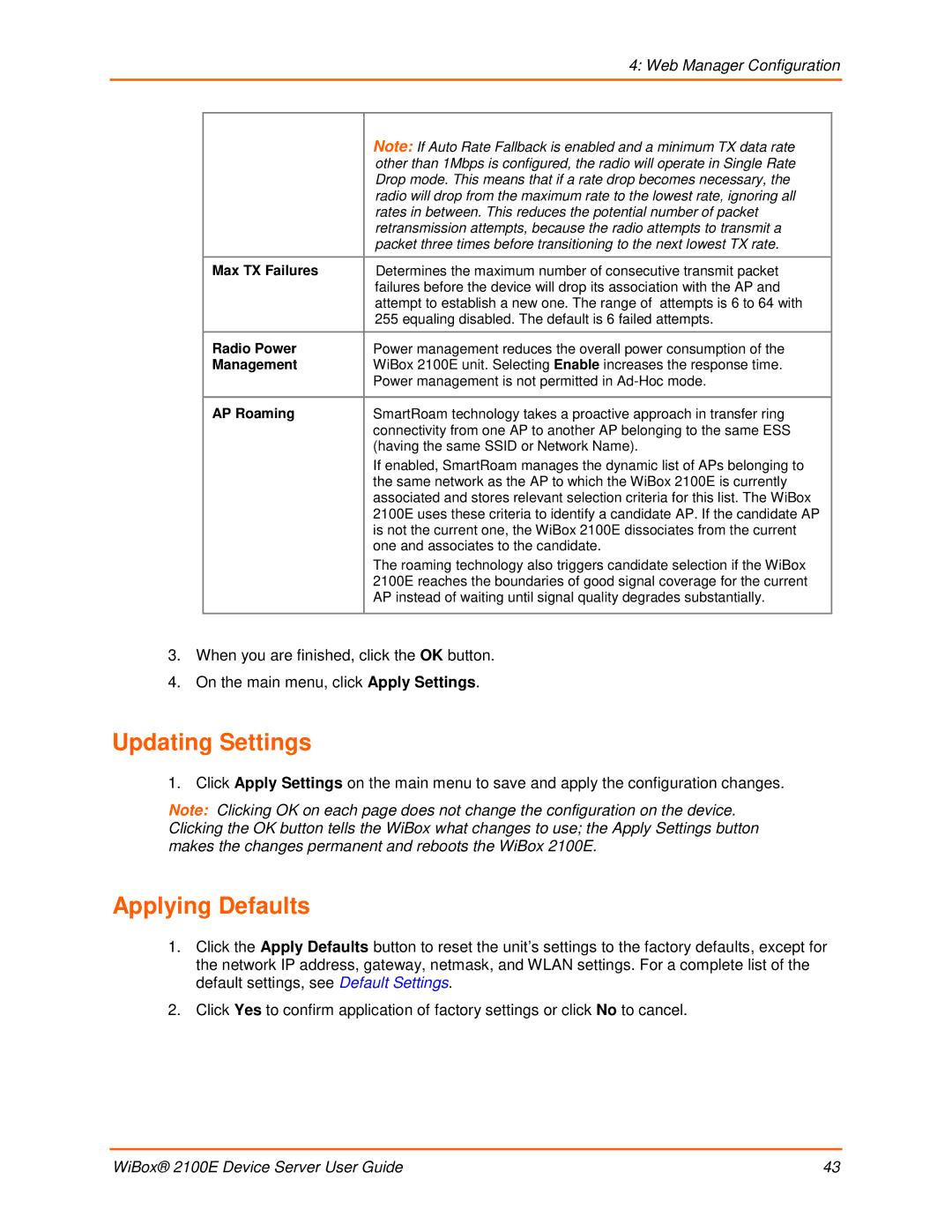 Lantronix 2100E manual Updating Settings, Applying Defaults 