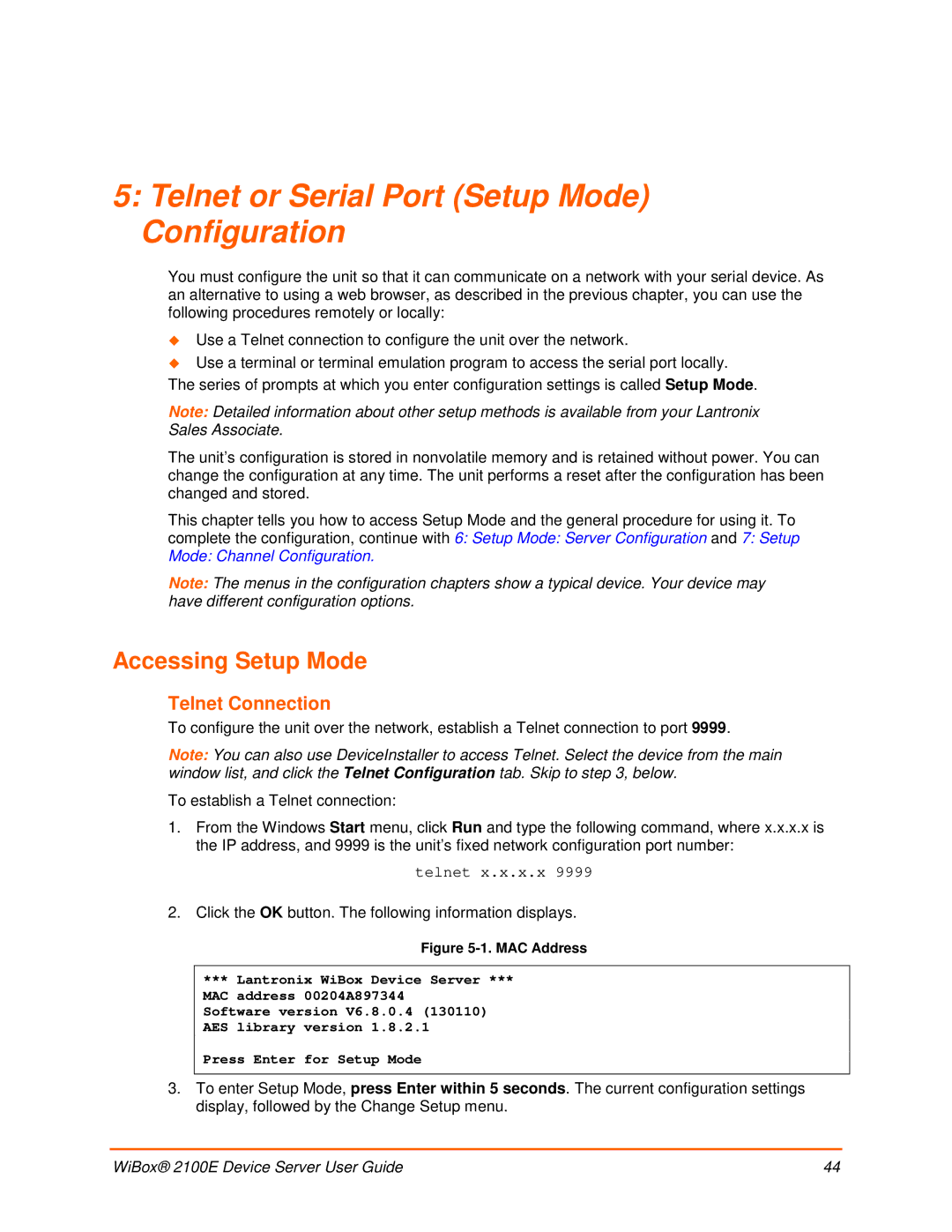 Lantronix 2100E manual Telnet or Serial Port Setup Mode Configuration, Accessing Setup Mode, Telnet Connection 