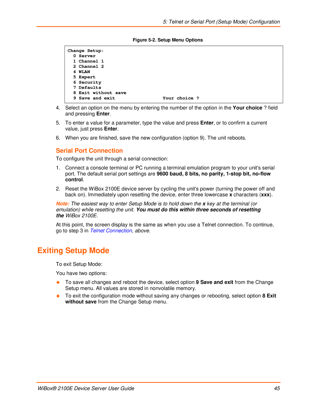 Lantronix 2100E manual Exiting Setup Mode, Serial Port Connection, Telnet or Serial Port Setup Mode Configuration 