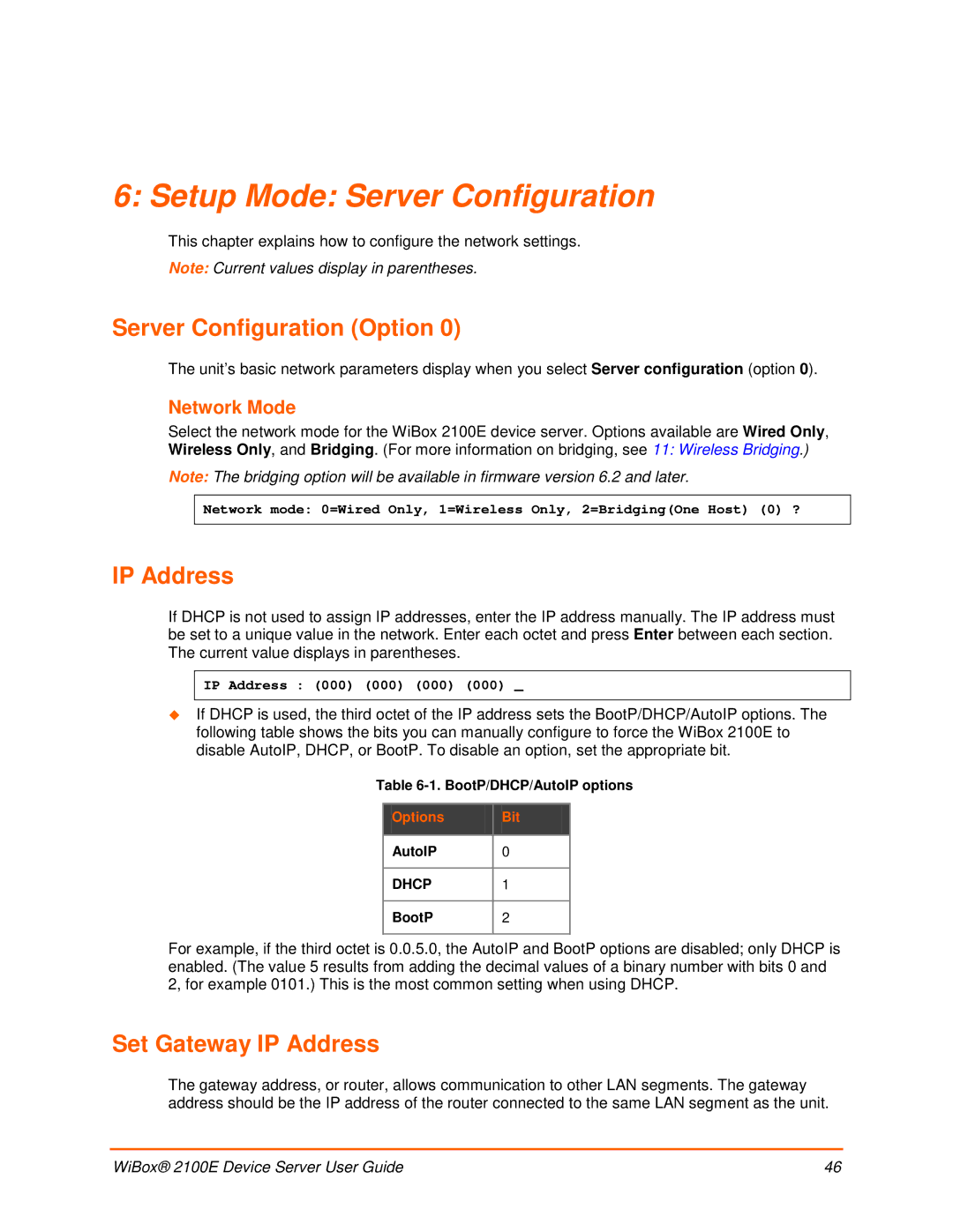 Lantronix 2100E Setup Mode Server Configuration, Server Configuration Option, Set Gateway IP Address, Network Mode 