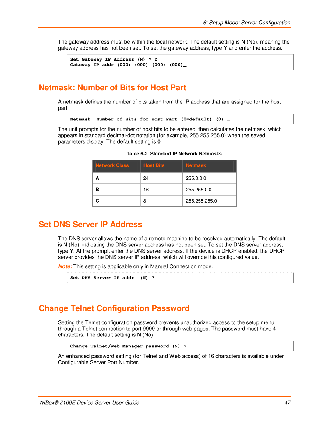 Lantronix 2100E Netmask Number of Bits for Host Part, Set DNS Server IP Address, Change Telnet Configuration Password 