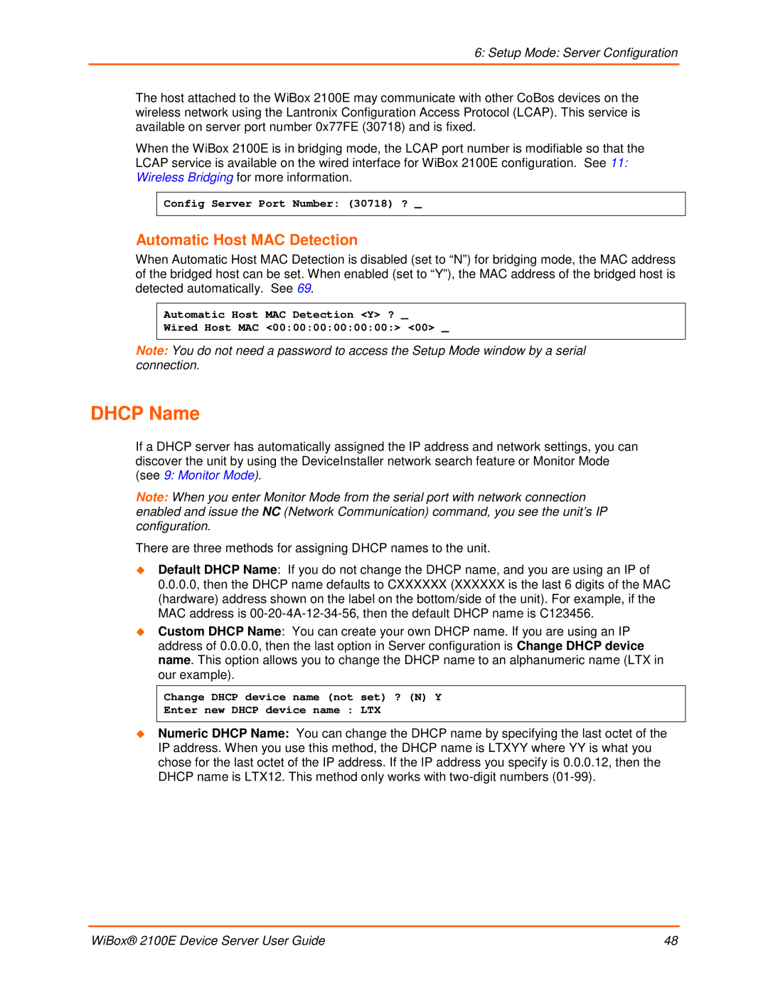 Lantronix 2100E manual Dhcp Name, Automatic Host MAC Detection 