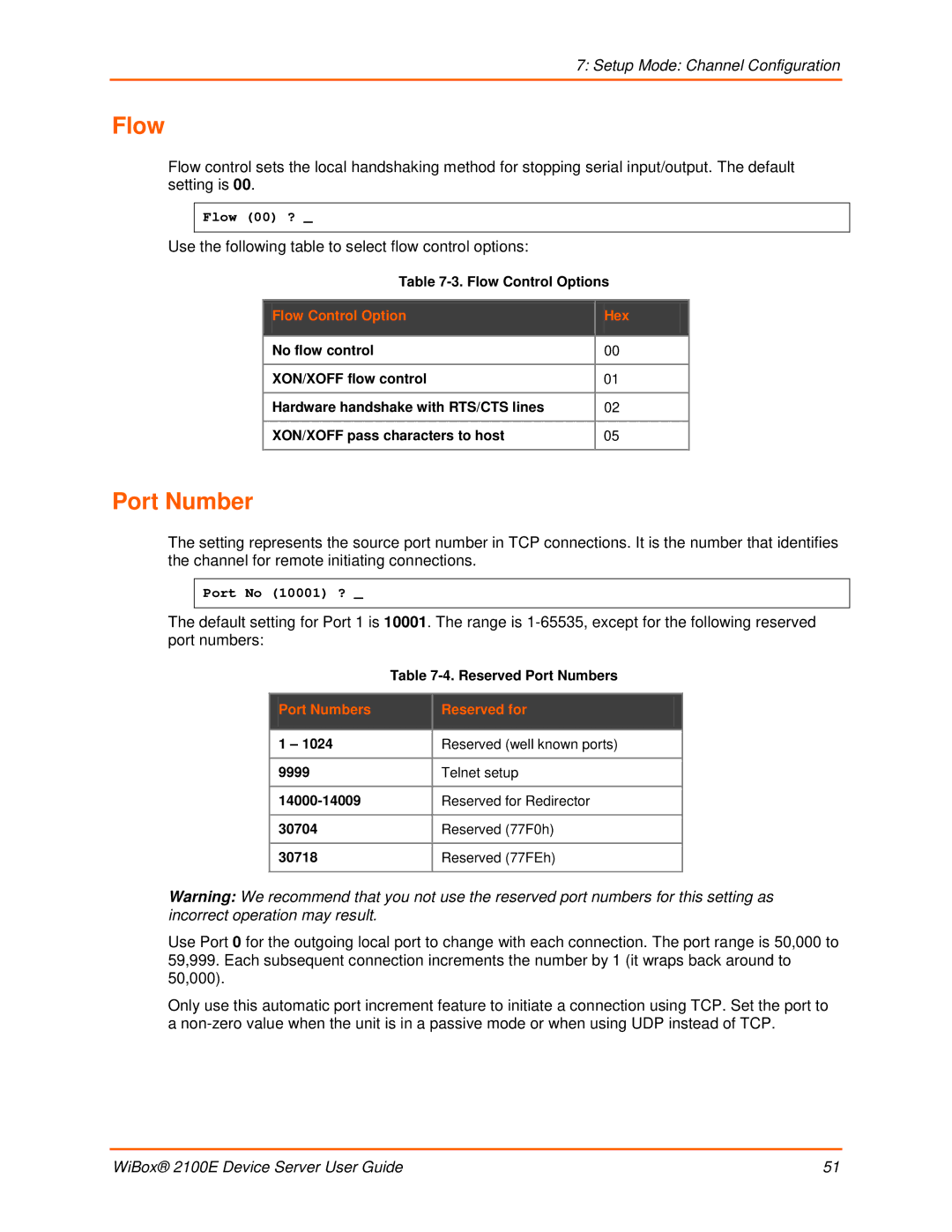 Lantronix 2100E manual Flow Control Option Hex, Port Numbers Reserved for 