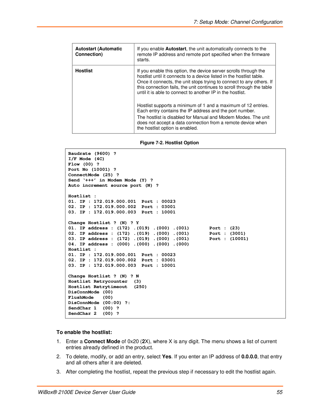 Lantronix 2100E manual To enable the hostlist, Autostart Automatic, Hostlist 