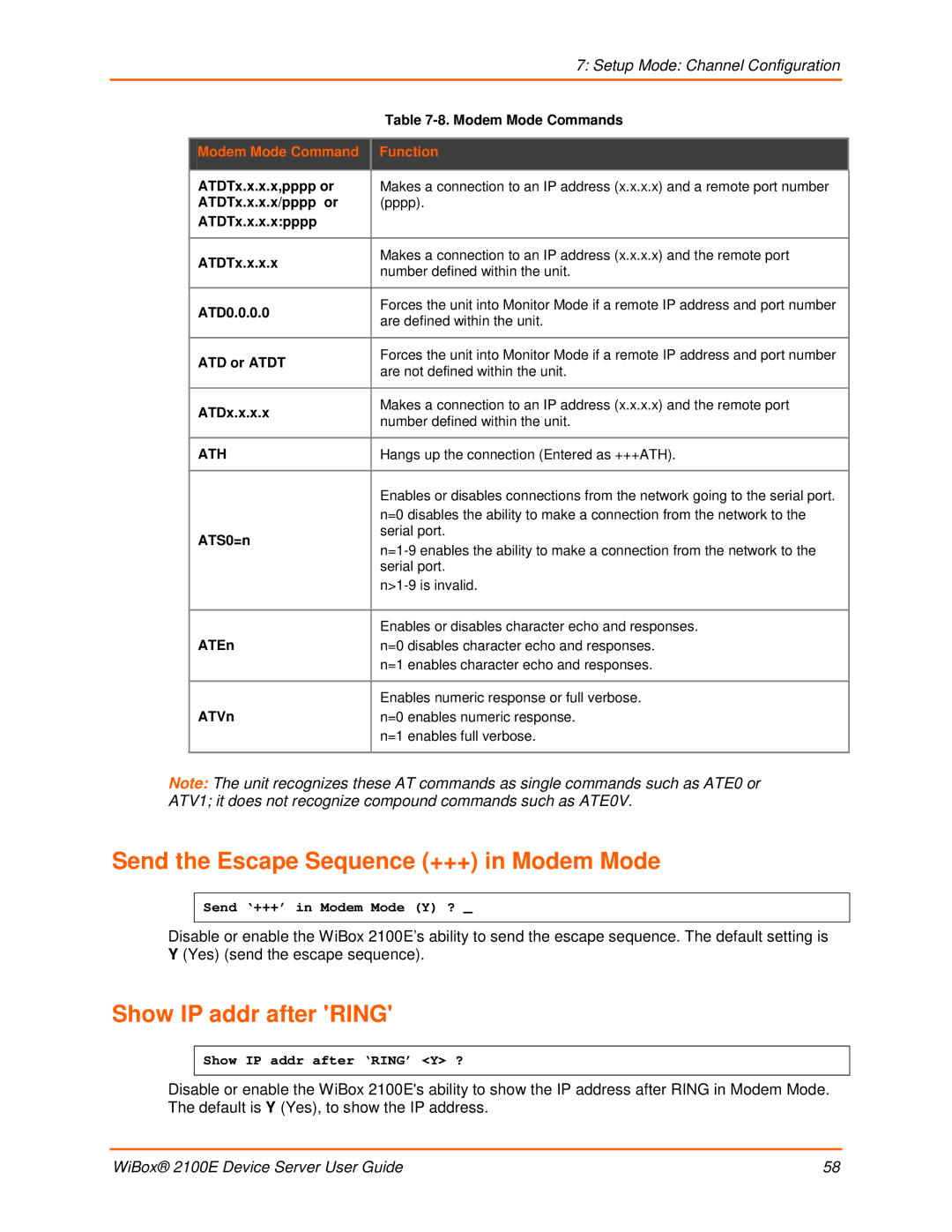 Lantronix 2100E manual Send the Escape Sequence +++ in Modem Mode, Show IP addr after Ring, Modem Mode Command Function 