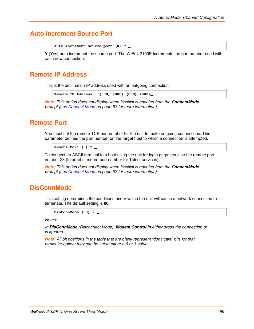 Lantronix 2100E manual Auto Increment Source Port, Remote IP Address, Remote Port, DisConnMode 