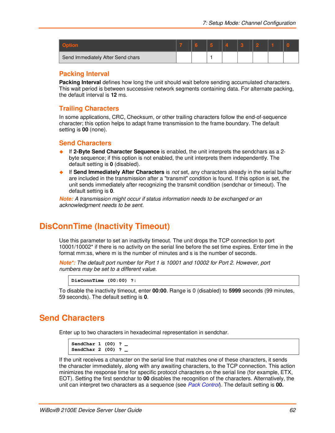 Lantronix 2100E manual DisConnTime Inactivity Timeout, Send Characters, Packing Interval, Trailing Characters 