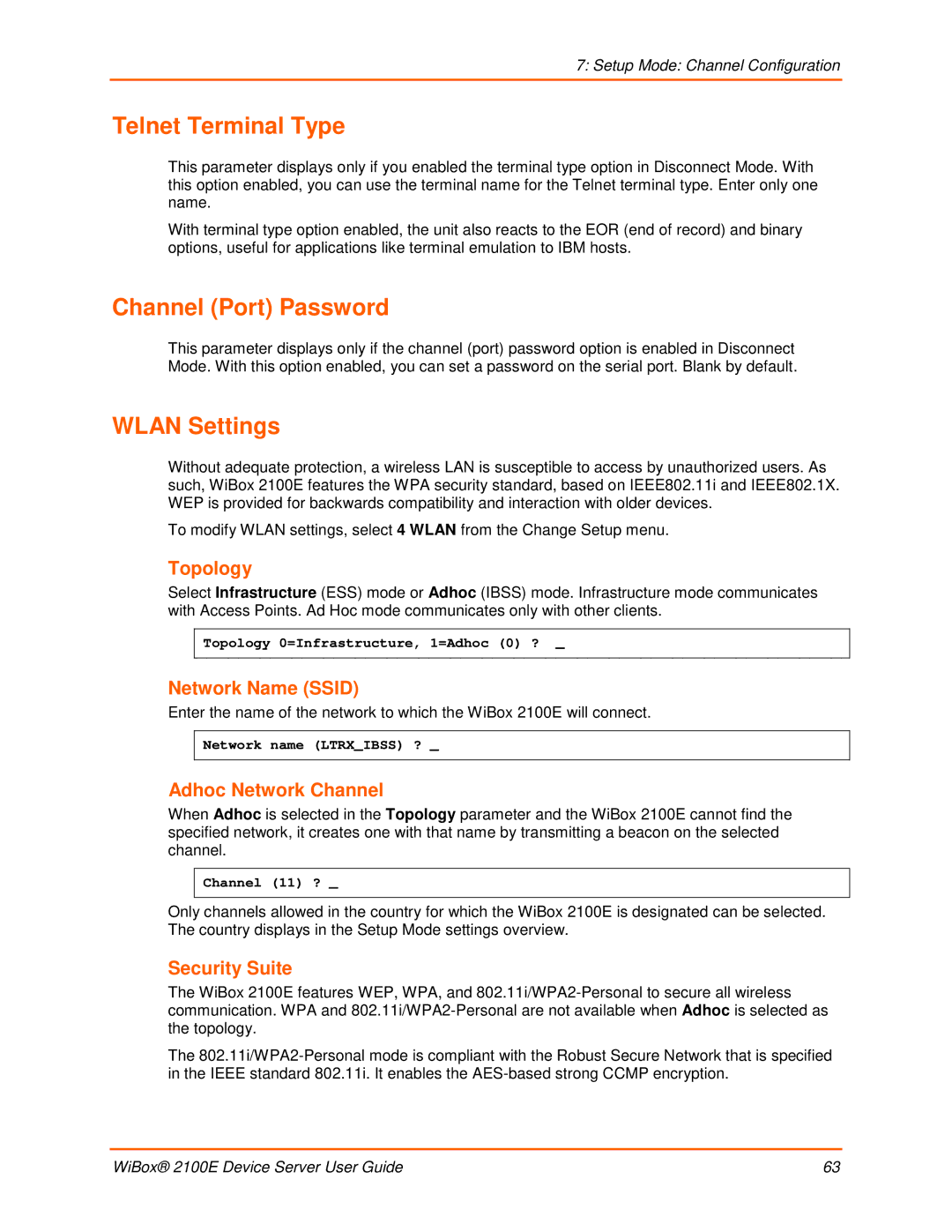 Lantronix 2100E manual Telnet Terminal Type, Channel Port Password, Wlan Settings 