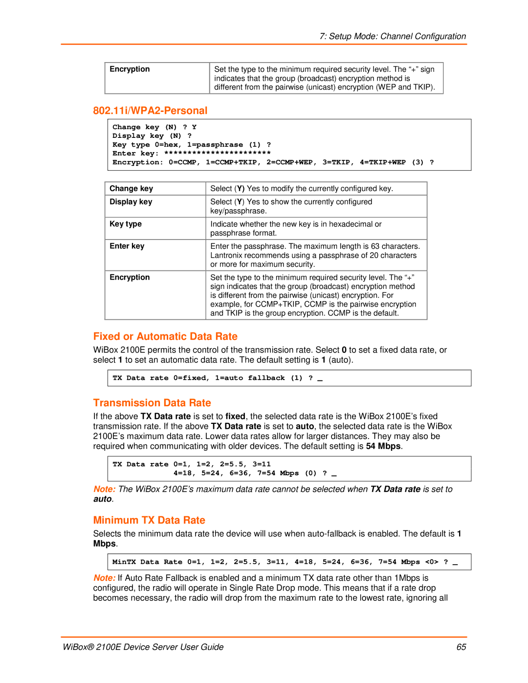 Lantronix 2100E manual 802.11i/WPA2-Personal, Fixed or Automatic Data Rate, Transmission Data Rate, Minimum TX Data Rate 