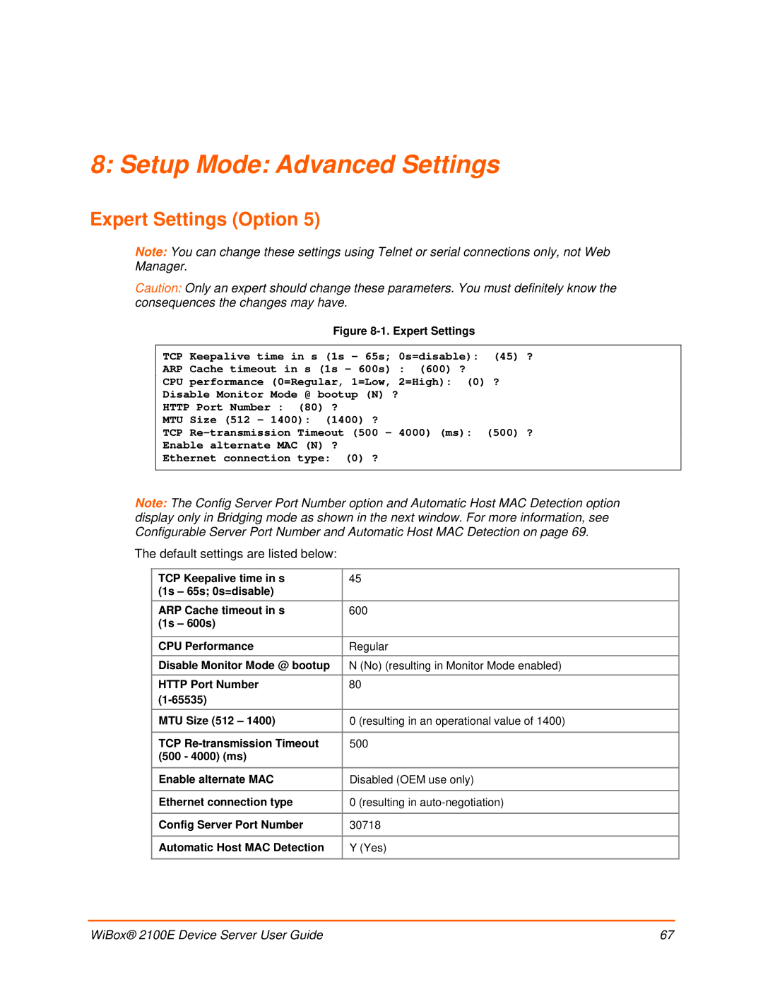 Lantronix 2100E manual Setup Mode Advanced Settings, Expert Settings Option 