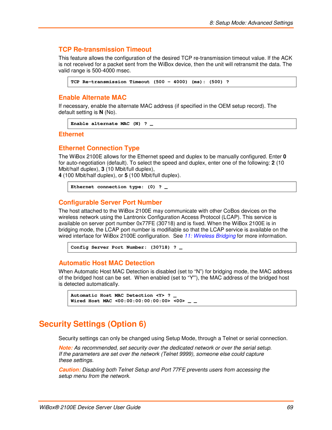 Lantronix 2100E Security Settings Option, TCP Re-transmission Timeout, Enable Alternate MAC, Ethernet Connection Type 