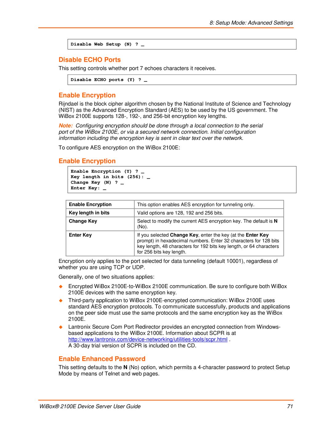 Lantronix 2100E manual Disable Echo Ports, Enable Encryption, Enable Enhanced Password, Key length in bits 