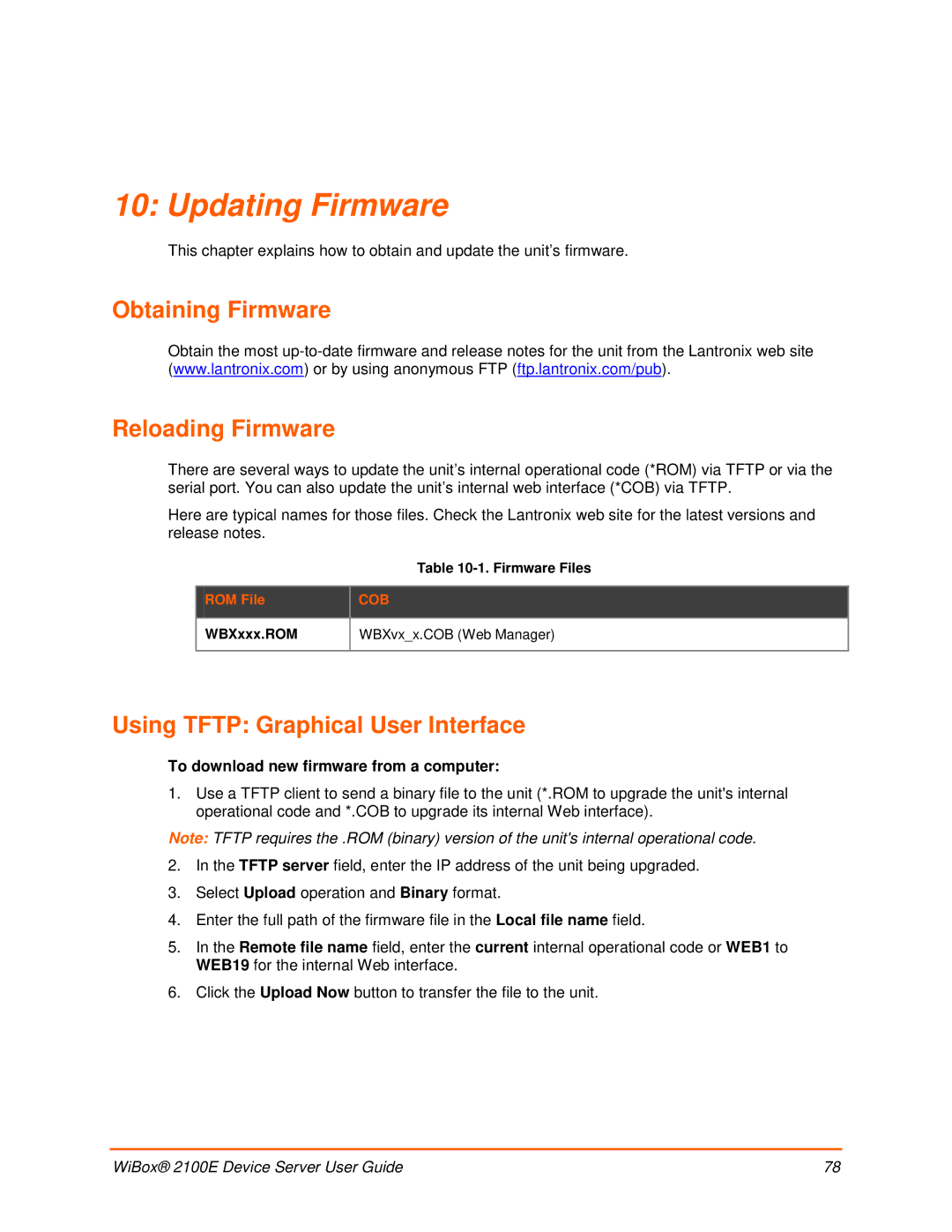 Lantronix 2100E Updating Firmware, Obtaining Firmware Reloading Firmware, Using Tftp Graphical User Interface, ROM File 