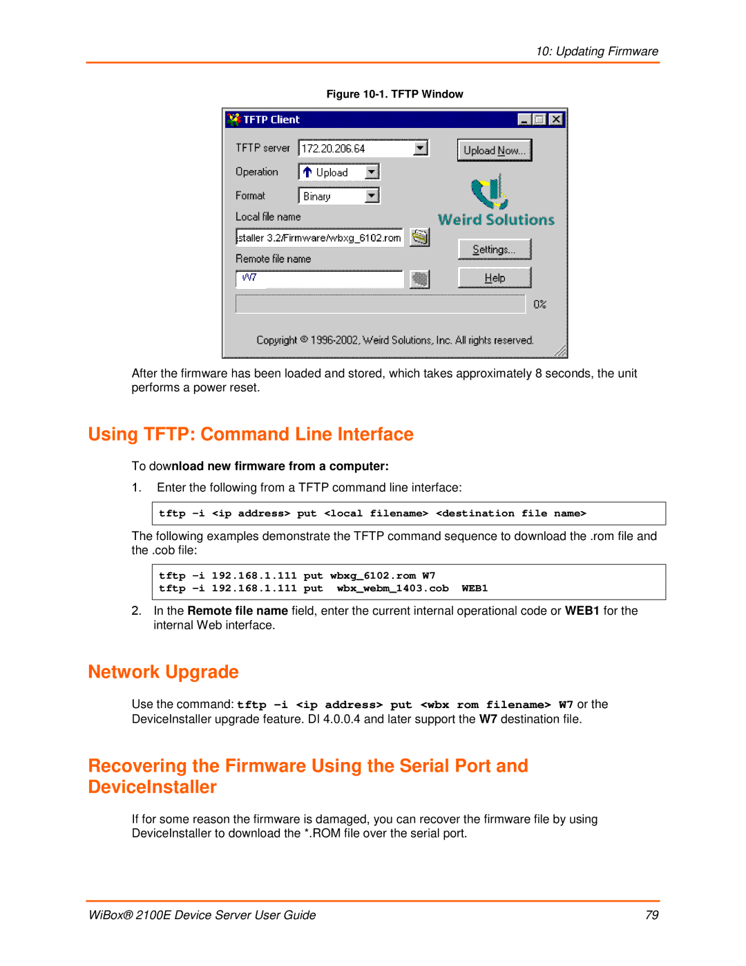 Lantronix 2100E manual Using Tftp Command Line Interface, Network Upgrade, Updating Firmware 