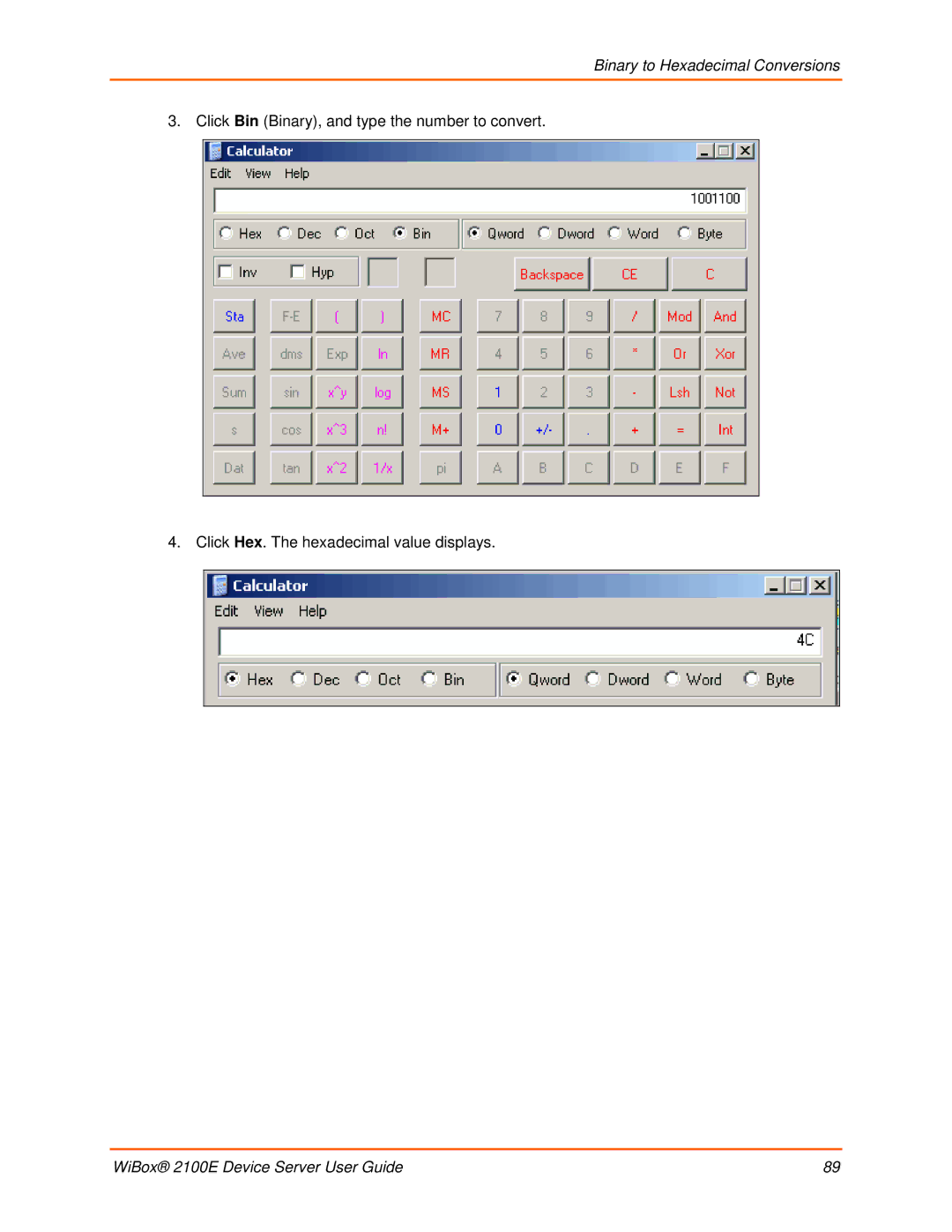 Lantronix 2100E manual Binary to Hexadecimal Conversions 