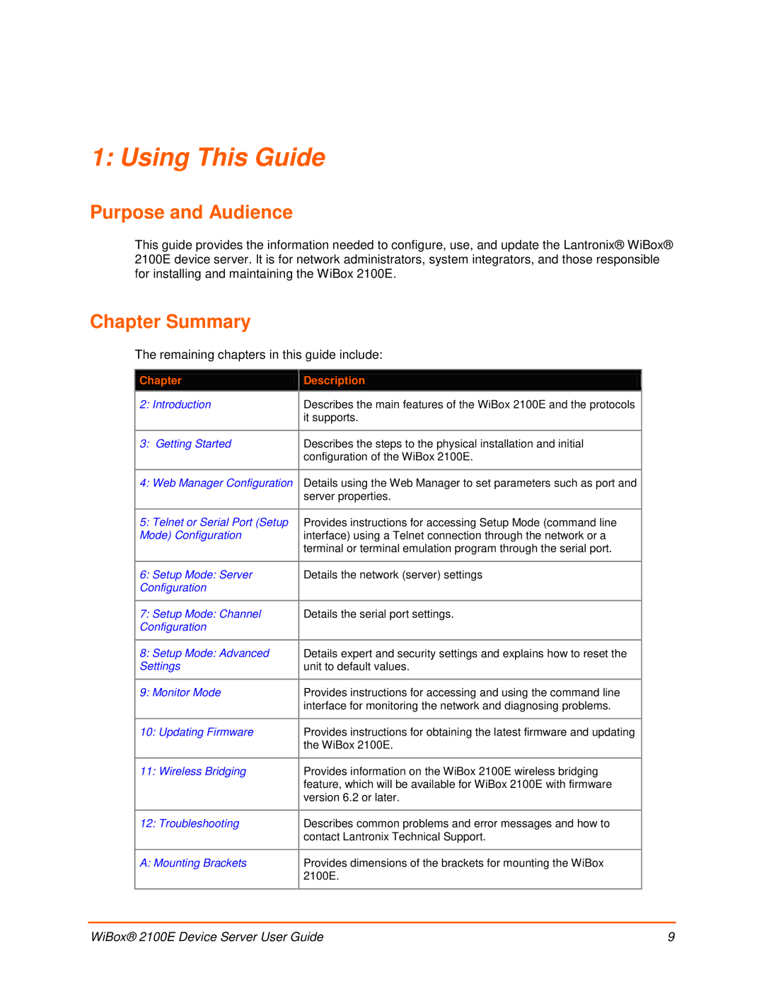 Lantronix 2100E manual Using This Guide, Purpose and Audience, Chapter Summary, Chapter Description 