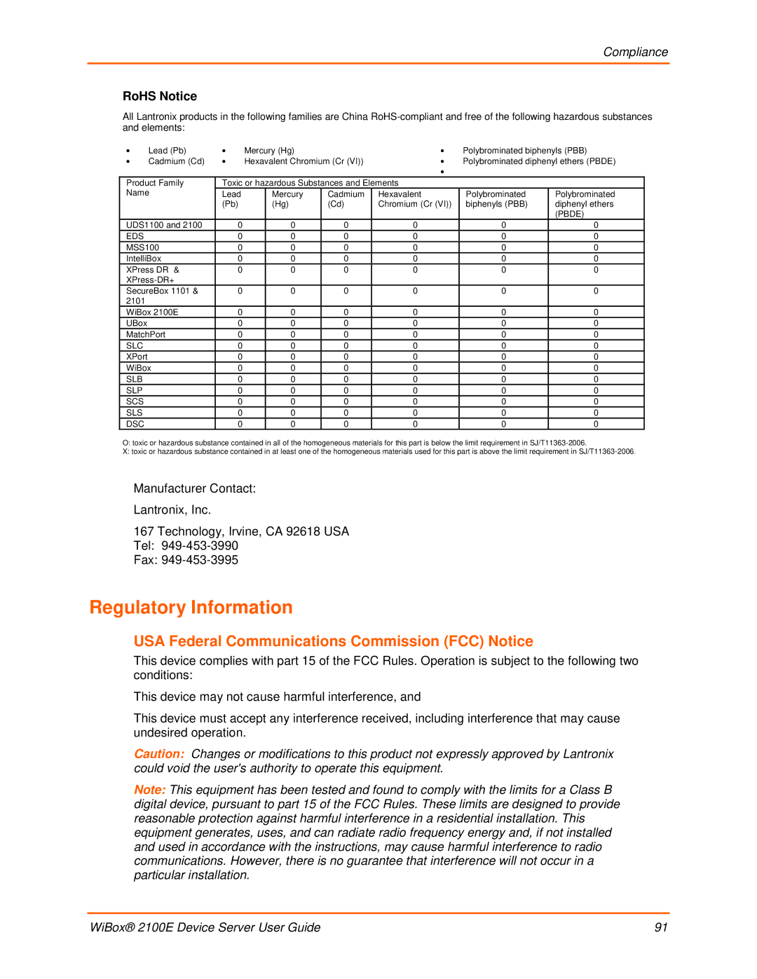 Lantronix 2100E manual Regulatory Information, USA Federal Communications Commission FCC Notice, Compliance, RoHS Notice 