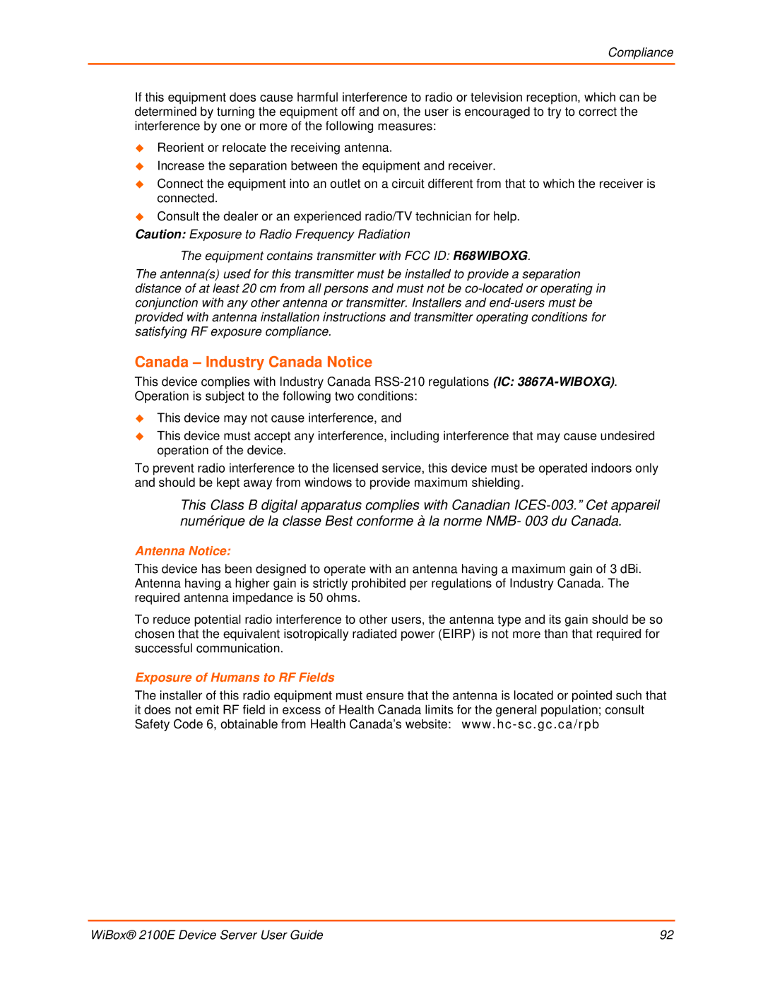 Lantronix 2100E manual Canada Industry Canada Notice, Antenna Notice, Exposure of Humans to RF Fields 