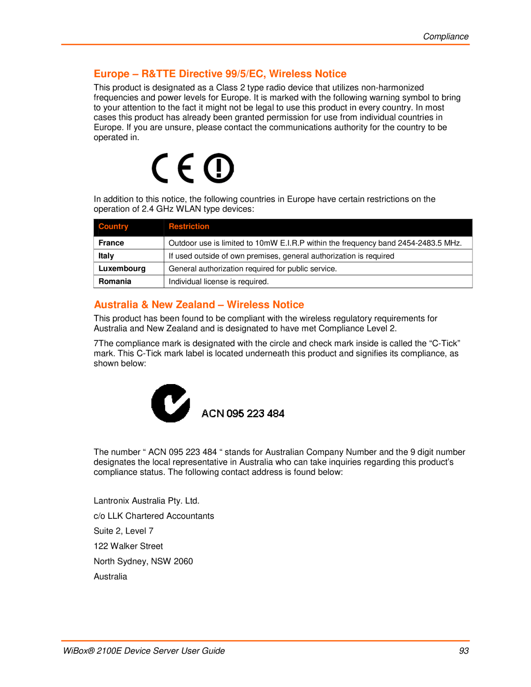 Lantronix 2100E manual Europe R&TTE Directive 99/5/EC, Wireless Notice, Australia & New Zealand Wireless Notice 