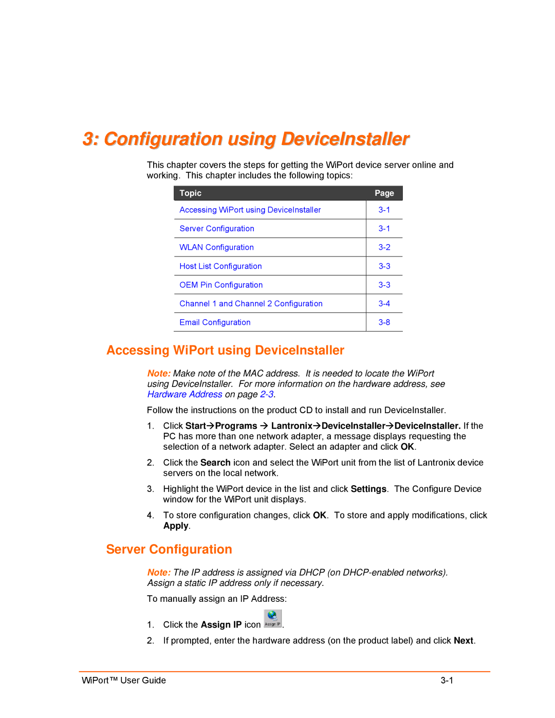 Lantronix 900-332 manual Configuration using DeviceInstaller, Accessing WiPort using DeviceInstaller, Server Configuration 