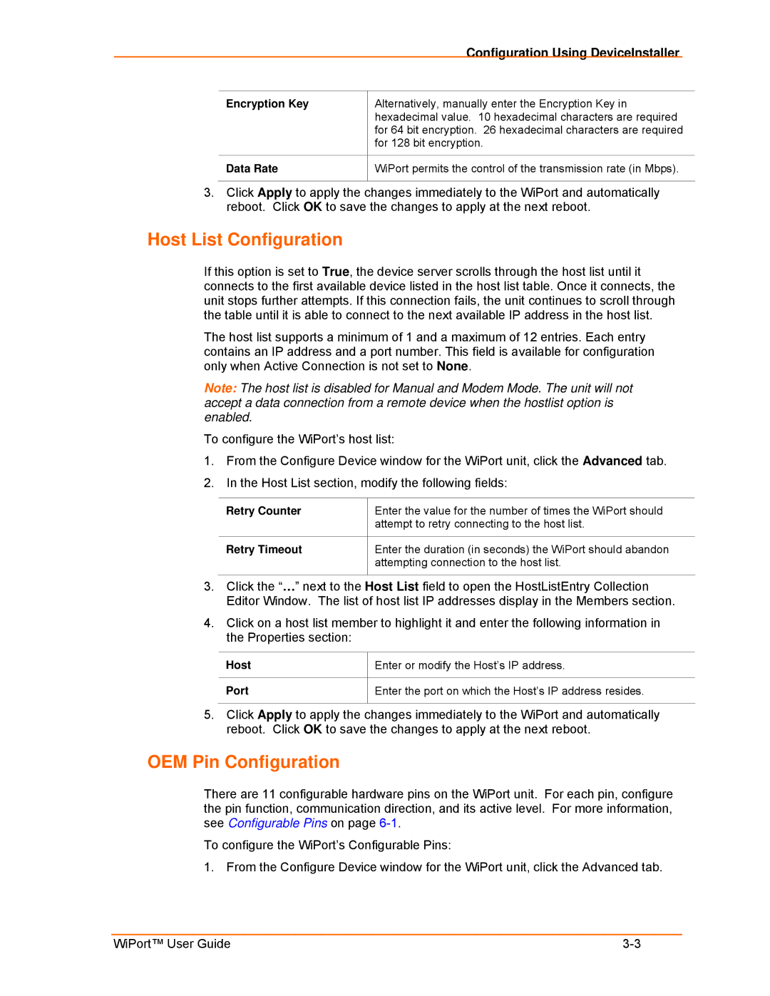 Lantronix 900-332 manual Host List Configuration, OEM Pin Configuration, Configuration Using DeviceInstaller 