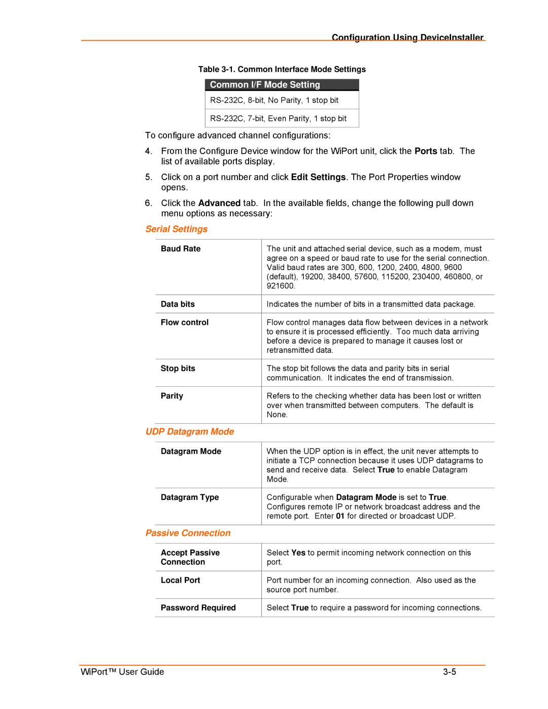 Lantronix 900-332 manual Common I/F Mode Setting, Serial Settings, UDP Datagram Mode, Passive Connection 