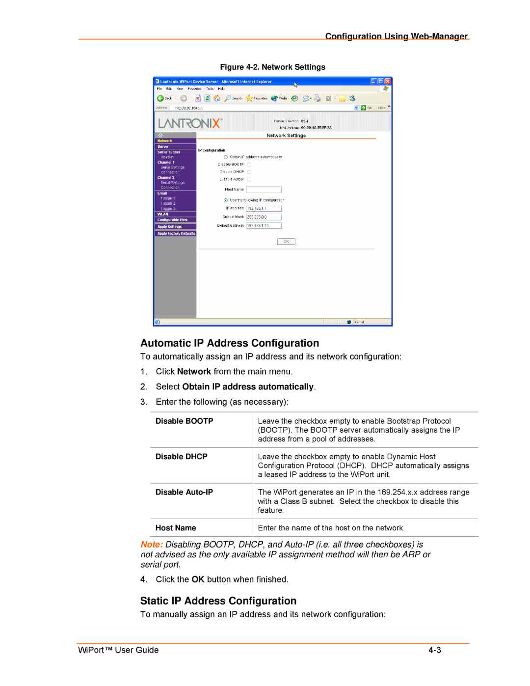 Lantronix 900-332 Automatic IP Address Configuration, Static IP Address Configuration, Enter the following as necessary 