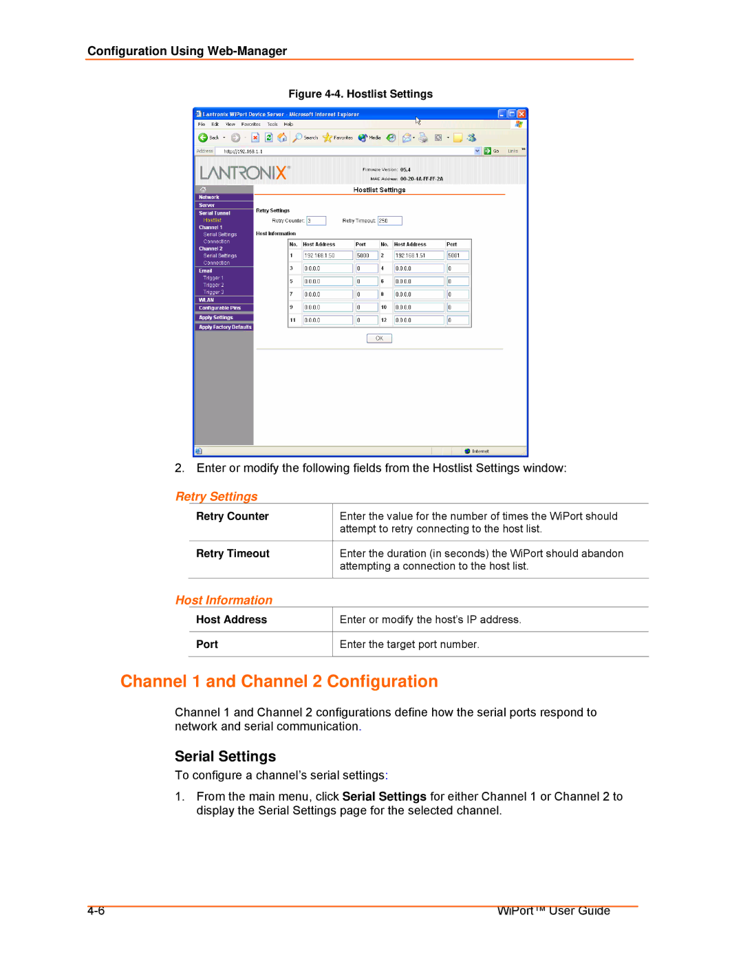 Lantronix 900-332 manual Serial Settings, Retry Settings, Host Information 