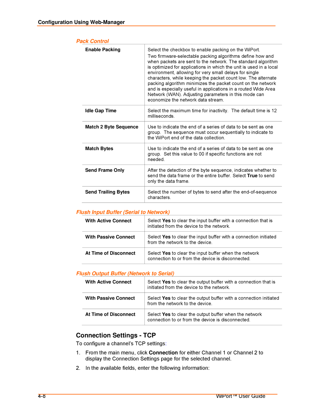 Lantronix 900-332 manual Connection Settings TCP, Pack Control, Flush Input Buffer Serial to Network 