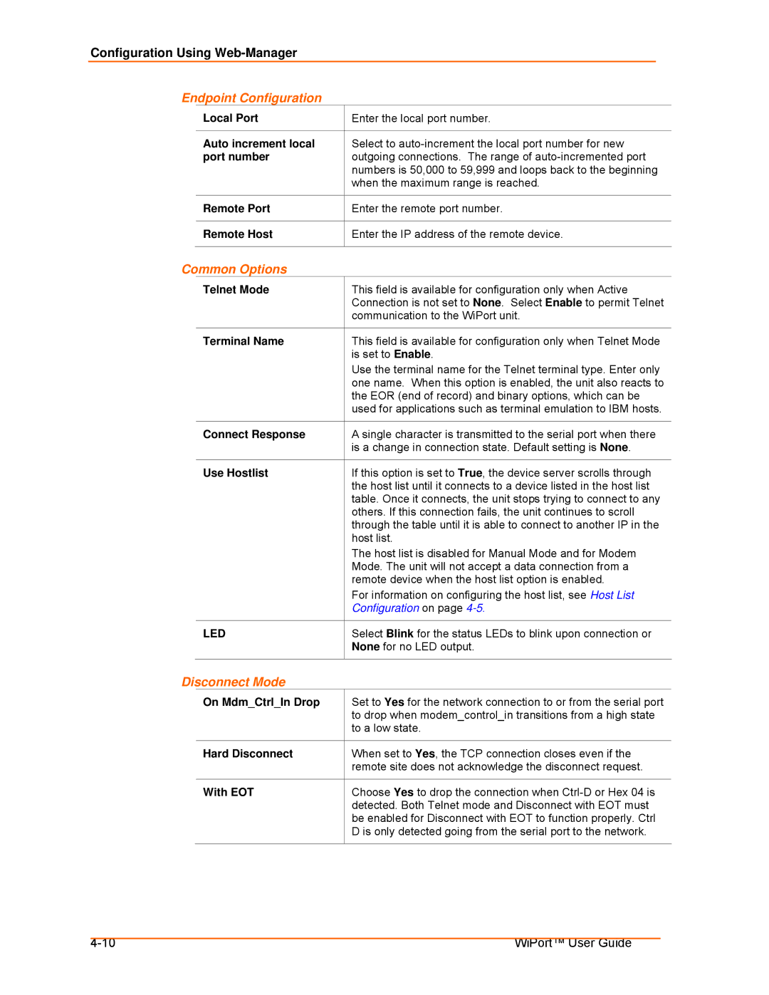 Lantronix 900-332 manual Endpoint Configuration, Common Options, Disconnect Mode 