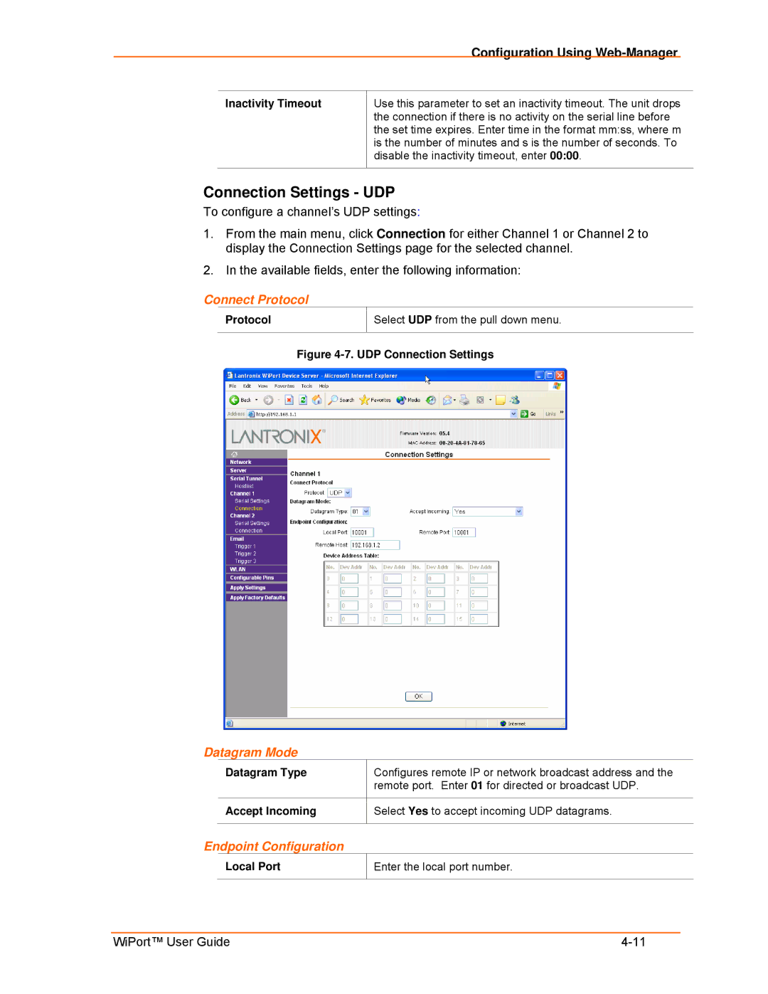 Lantronix 900-332 manual Connection Settings UDP, Datagram Mode 