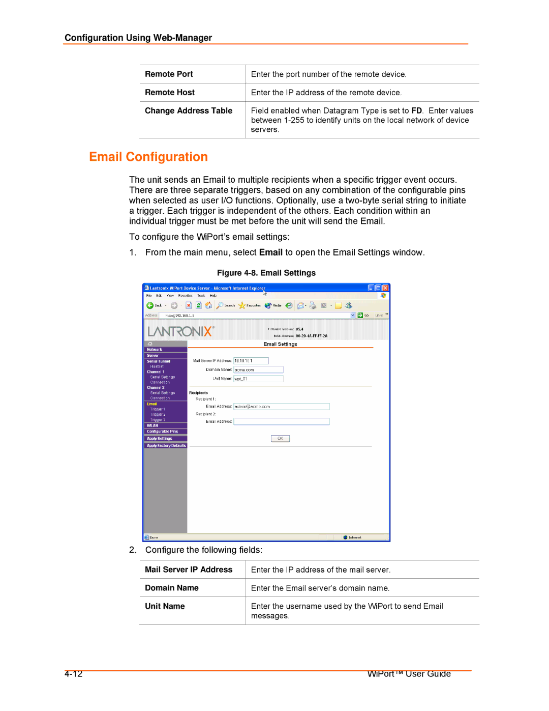 Lantronix 900-332 manual Configure the following fields, Change Address Table, Mail Server IP Address 